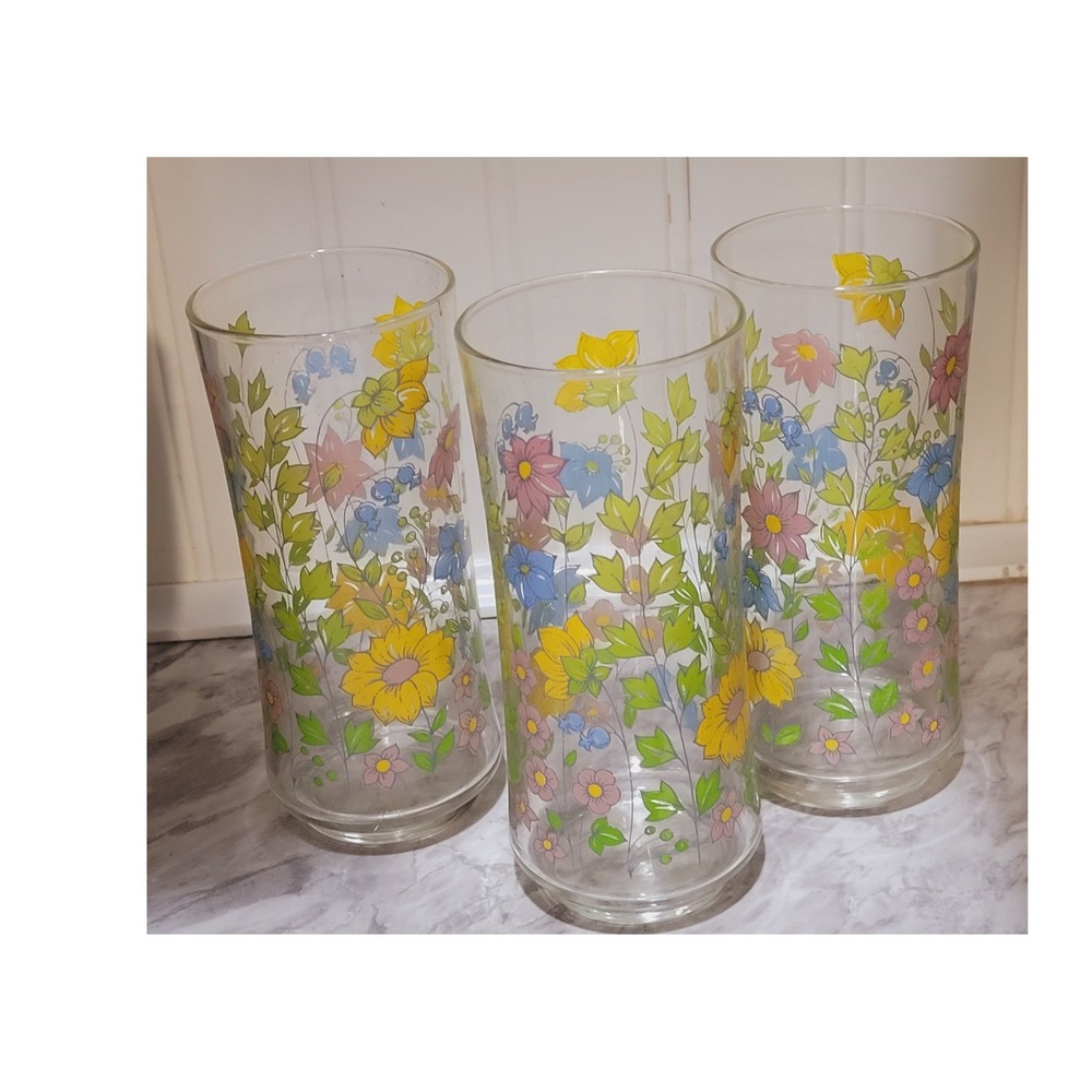 Vintage Corelle Spring Meadow Floral Drinking Glasses Set of 3 16oz Wildflower